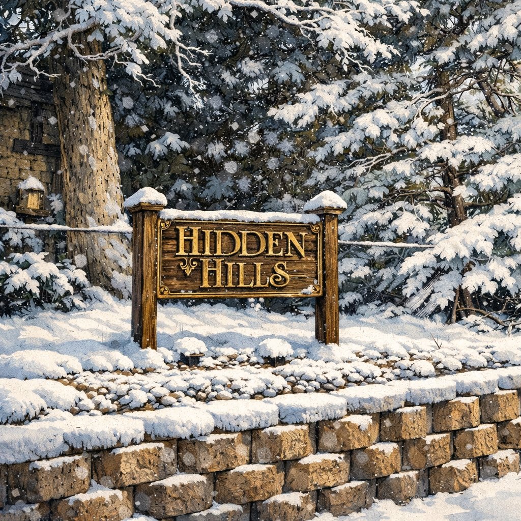 Hidden Hills entrance sign blanketed in fresh winter snow